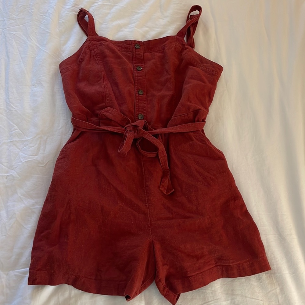 Linen blend button-front romper